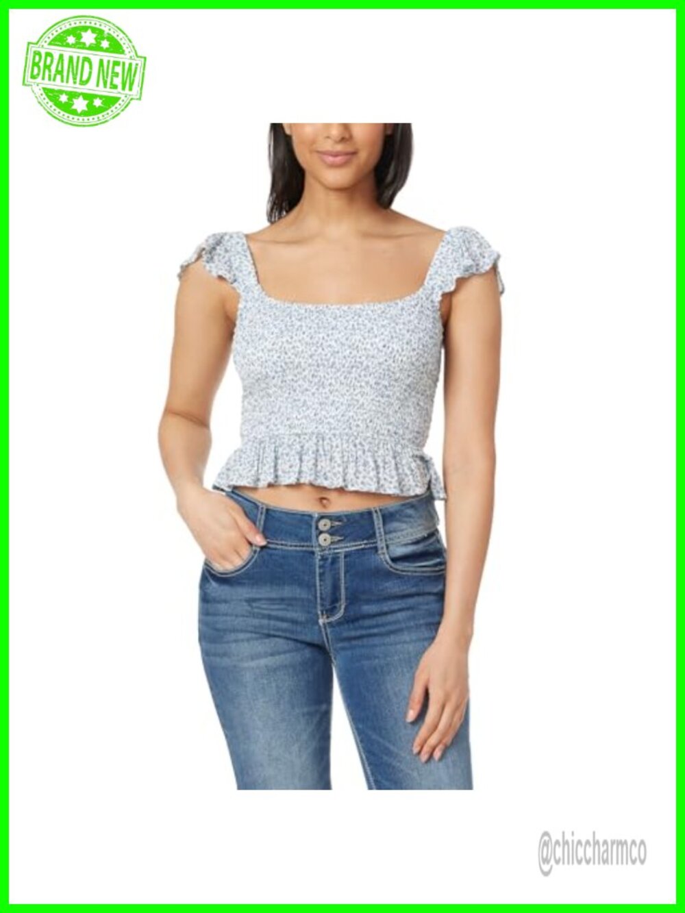 Ruffle Strap Smocked Rayon Challis Top Sleeveless Off Neck Floral